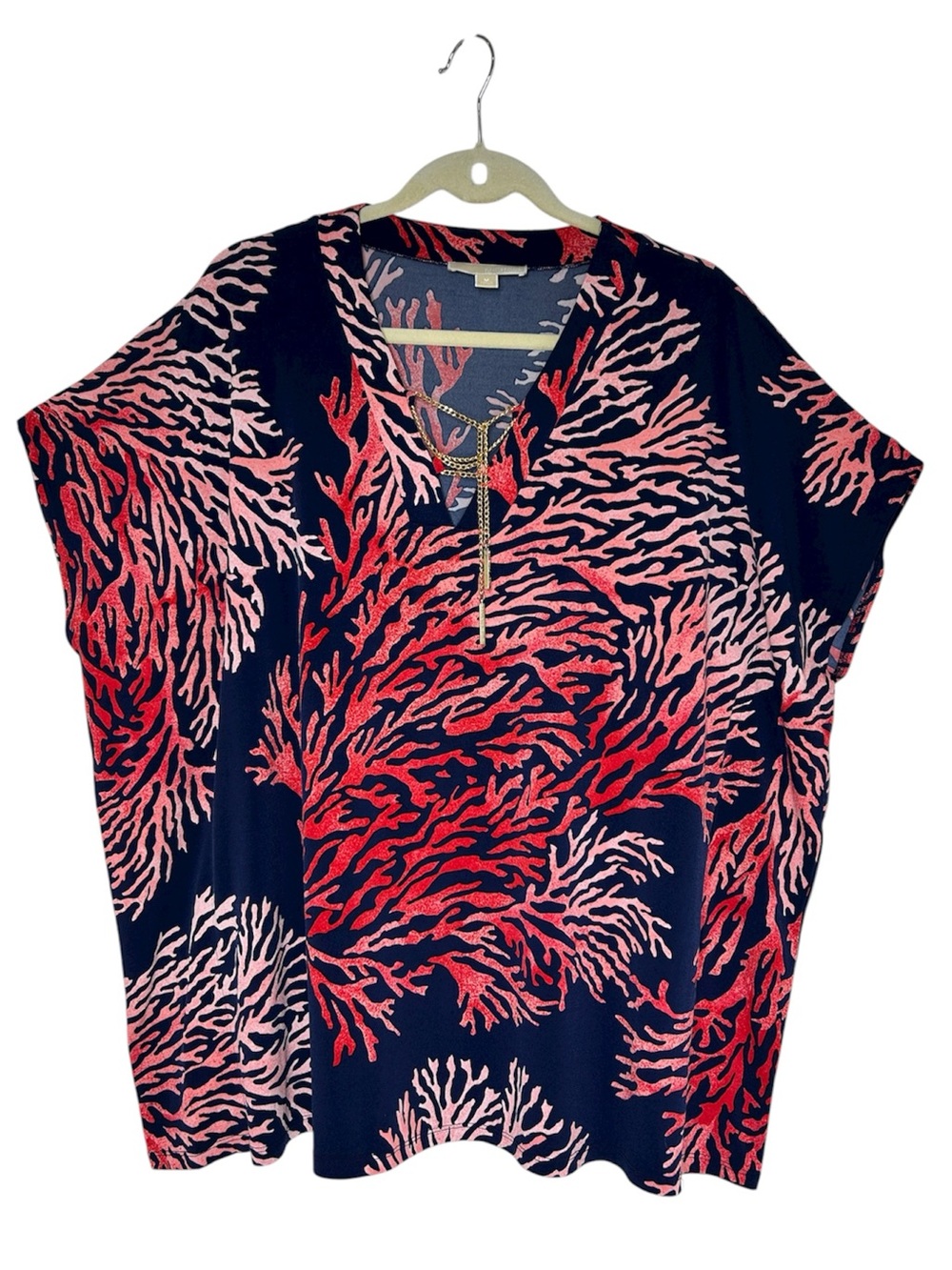 MICHAEL Michael Kors Navy Red Coral Reef‎ Print Relaxed Poncho Tunic Top M
